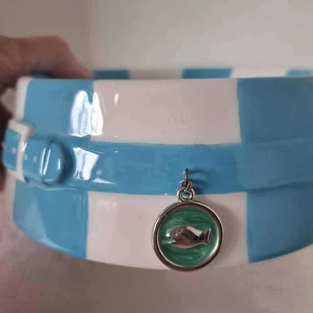 Cat Bowl Ceramic, Round Food Bowl, Pre-owned Great Condition, Blue & White Shiny